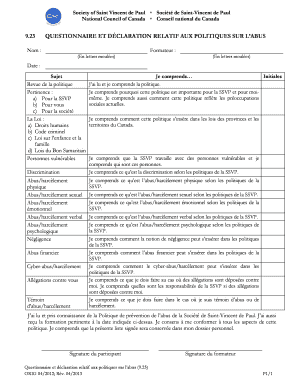 Questionnaire et déclaration relatif aux politiques sur l’abus