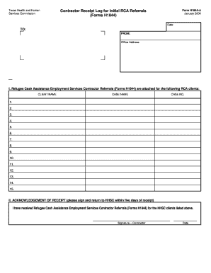 Texas Health and Human Contractor Receipt Log for Initial RCA Referrals Form H1844-A