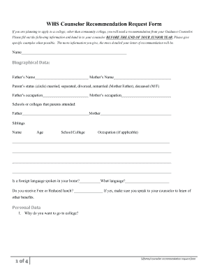 WHS Counselor Recommendation Request Form