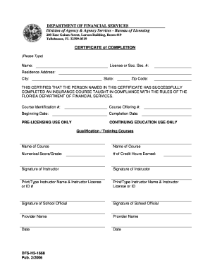 Florida Insurance Course Completion Certificate