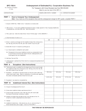 New Jersey BFC-160-A Underpayment Form