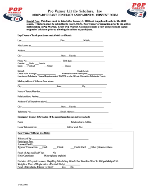 2008 Pop Warner Participant Contract and Parental Consent Form