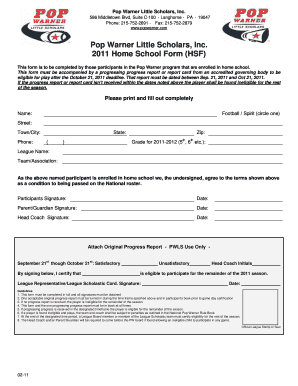 Pop Warner Home School Form