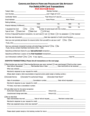 Cardholder Dispute Form and Fraudulent Use Affidavit