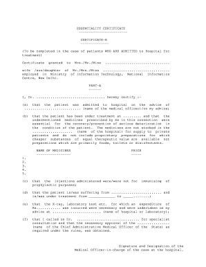 Essentiality Certificate for Hospital Treatment