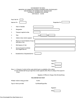 Government of India Transport Requisition Form