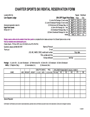 Charter Sports Ski Rental Reservation Form