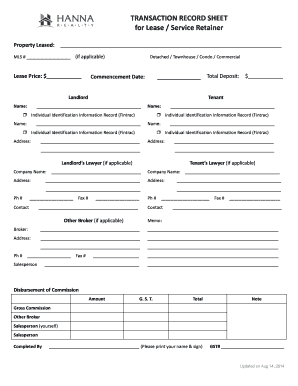 Lease Transaction Record Sheet
