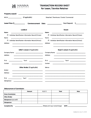 Lease Service Retainer Transaction Record Sheet