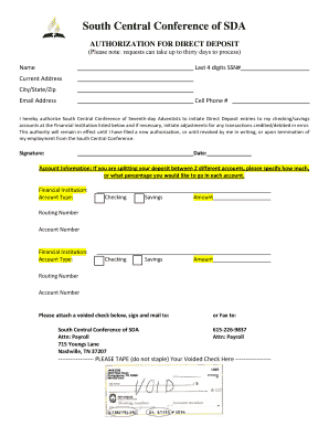 South Central Conference SDA Direct Deposit Authorization