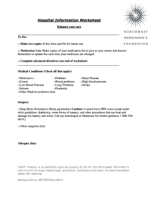 Hospital Information Worksheet for Parkinson's Patients