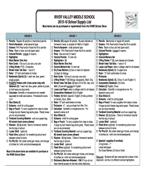 RIVER VALLEY MIDDLE SCHOOL 2015-16 School Supply List - rvschools