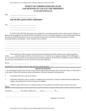 Notice of Termination of Lease for Controlled Substances