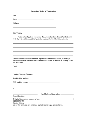 Arizona Immediate Notice of Termination
