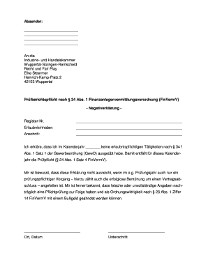 Negativerklärung nach § 24 Abs. 1 Finanzanlagenvermittlungsverordnung (FinVermV)