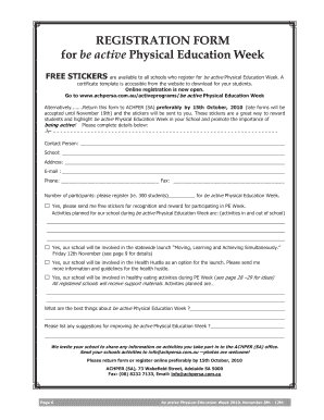 be active Physical Education Week Registration Form