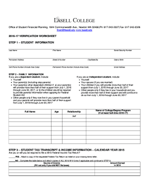 2016-17 Verification Worksheet