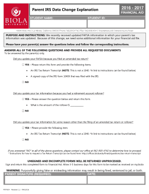 Parent IRS Data Change Explanation Form
