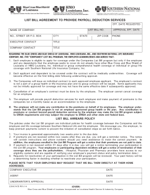 List Bill Agreement for Payroll Deduction Services
