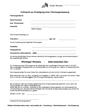 Vollmacht zur Erledigung einer Fahrzeugzulassung