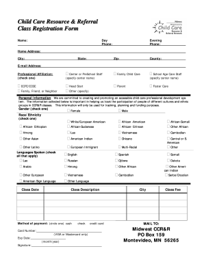 Child Care Class Registration Form
