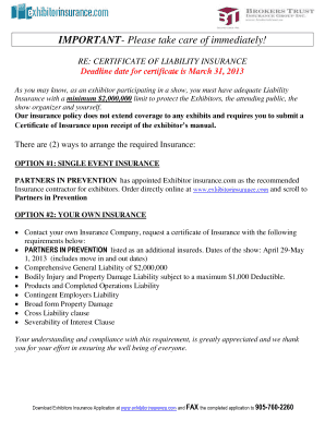 Certificate of Liability Insurance for Exhibitors
