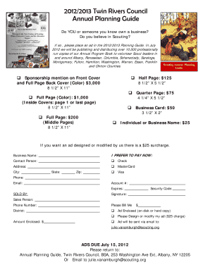 Twin Rivers Council Annual Planning Guide Ad Order Form