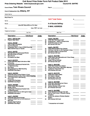 Cub Scout Prize Order Form