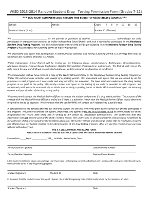 Waller ISD Random Student Drug Testing Permission Form