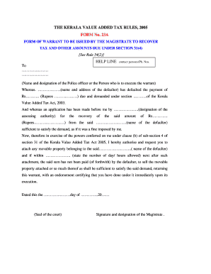 Kerala VAT Tax Recovery Warrant Form 23A