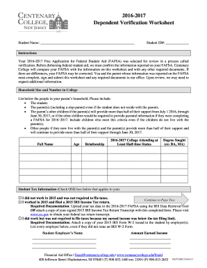 2016-2017 Dependent Verification Worksheet