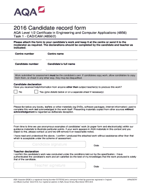 AQA Level 1/2 Candidate Record Form