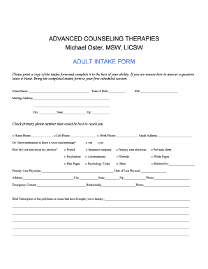 Adult Intake Form for Counseling Therapy
