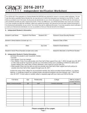 2016-2017 Independent Verification Worksheet