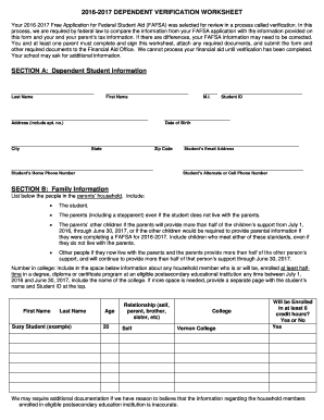 2016-2017 Dependent Verification Worksheet