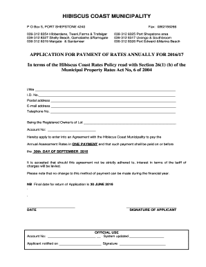 Hibiscus Coast Municipality Annual Rates Payment Application