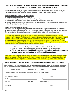 Snoqualmie Valley School District Direct Deposit Authorization Form