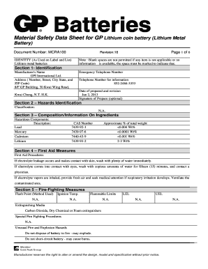 Material Safety Data Sheet for GP Lithium Coin Battery