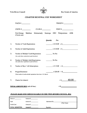 Boy Scouts Charter Renewal Fee Worksheet