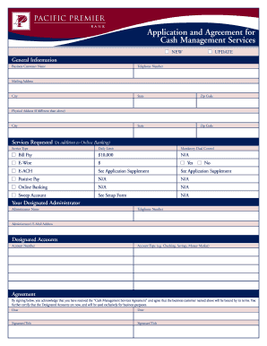 Cash Management Services Application and Agreement
