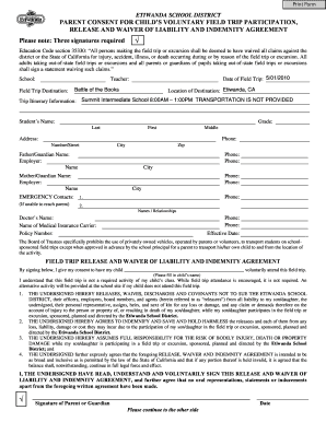 Etiwanda School District Field Trip Consent and Waiver