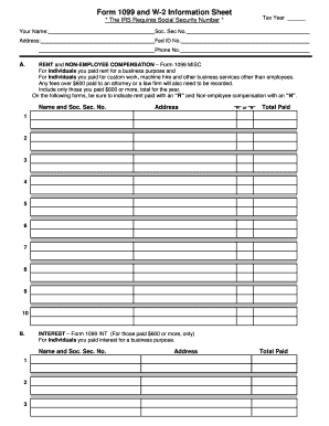 IRS Form 1099 and W-2 Information Sheet