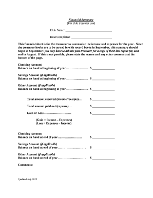 Club Financial Summary Form