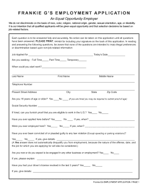 Frankie G's Employment Application