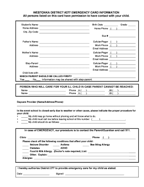 Westonka District Emergency Card