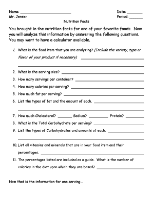 Nutrition Facts Analysis Worksheet