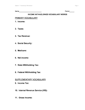 Income Withholdings Vocabulary Worksheet