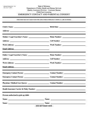Montana Child Care Emergency Contact and Parental Consent Form
