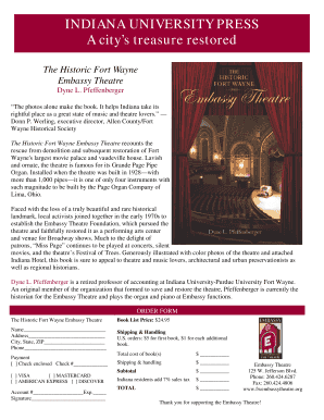 Order Form for The Historic Fort Wayne Embassy Theatre Book