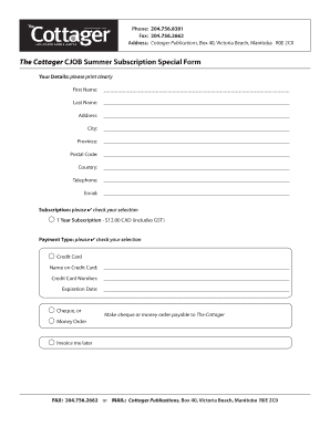 The Cottager Summer Subscription Form